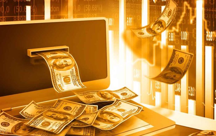 Laptop with money coming out of the screen, illustrating online income